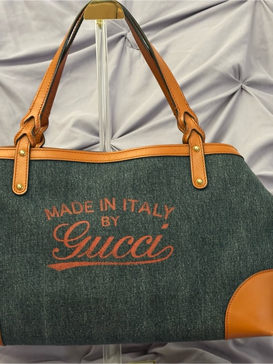 Gucci Handbags - Gucci Dark Denim Tote with Tan Leather Trim and Orange Logo
